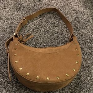 Tan Suede Studded Crescent Shoulder Bag - Classic Casual